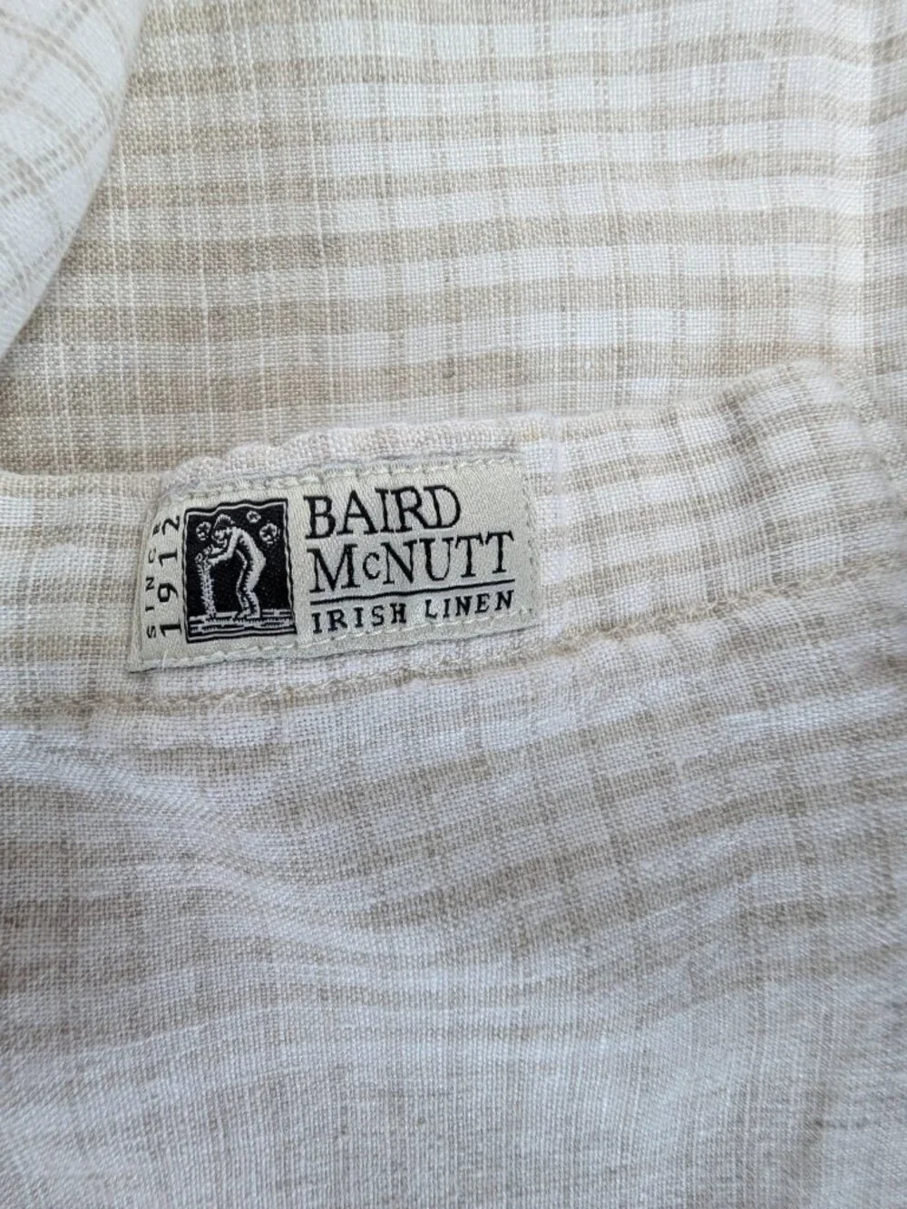 J Crew Irish Linen Shirt Mens Size XL Beige Classic Baird McNutt Plaid Pocket